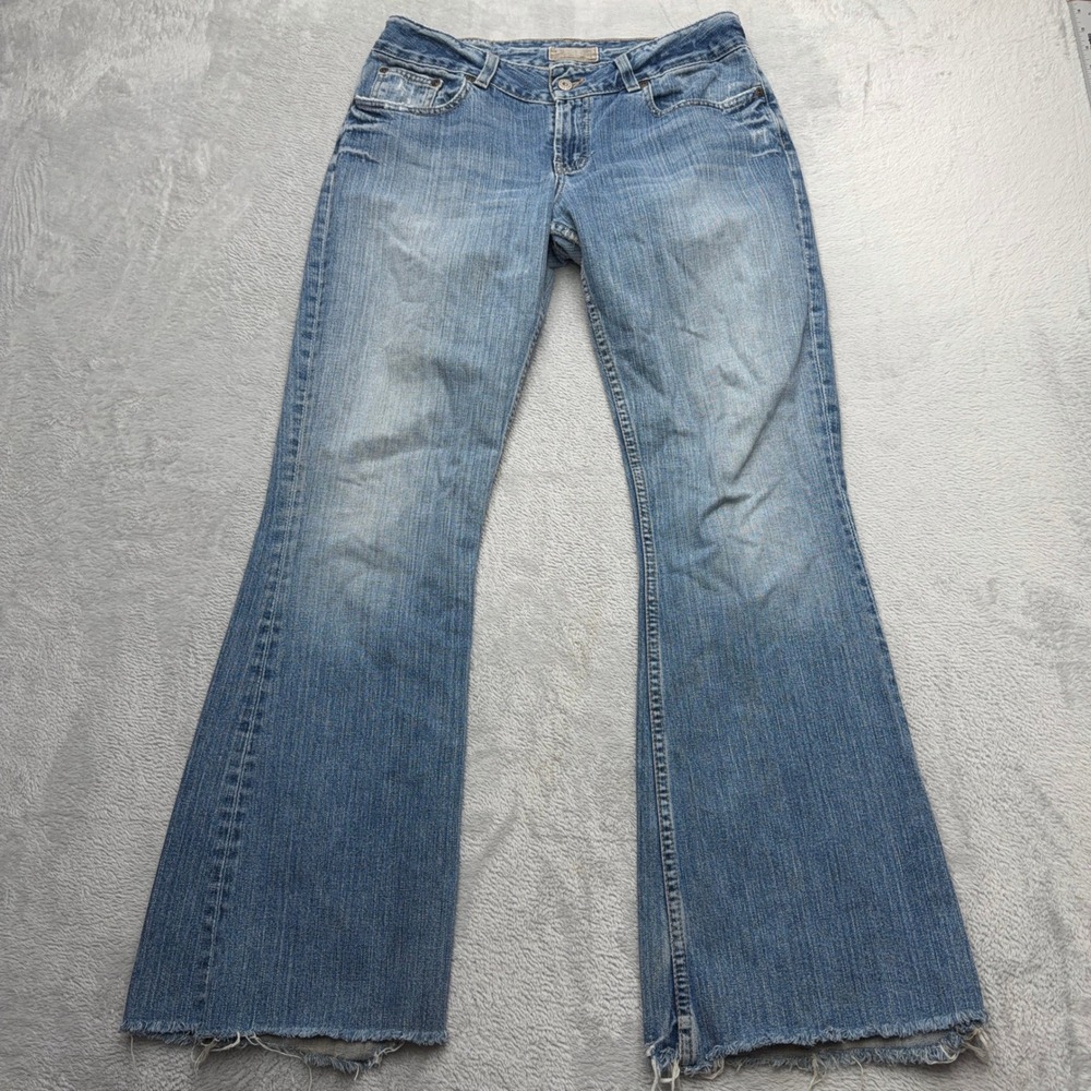VTG BKE Jeans Womens 31 Blue Flare Leg Y2K Low Rise Raw Hem BKL120GL Distressed